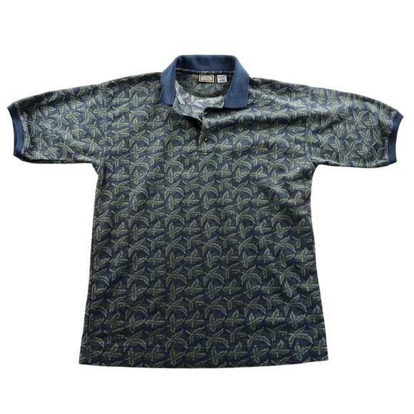 Bugle Boy Men's Polo Shirt Medium Blue Leaf Print Classic Retro Casual - Picture 1 of 8